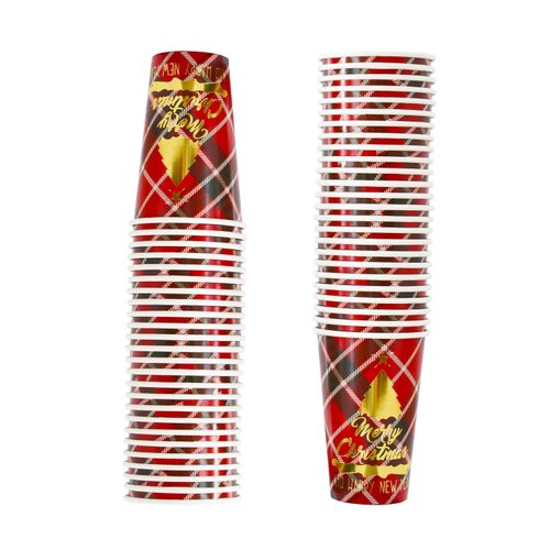 Gatherfun Christmas Disposable Cups Party Supplies Red and Black Plaid Paper Cups for Merry Christmas New Year Party Decorations, 16OZ 50 Pack