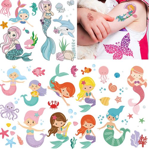 Temporary Tattoo for Kids, 80pcs Fake Tattoos Pattern, Waterproof Body Stickers, Cute Tattoo Decorations, Birthday Party Favor Supplies Decor for Boys Girls Children Toddler Teens 10 Sheets Mermaid