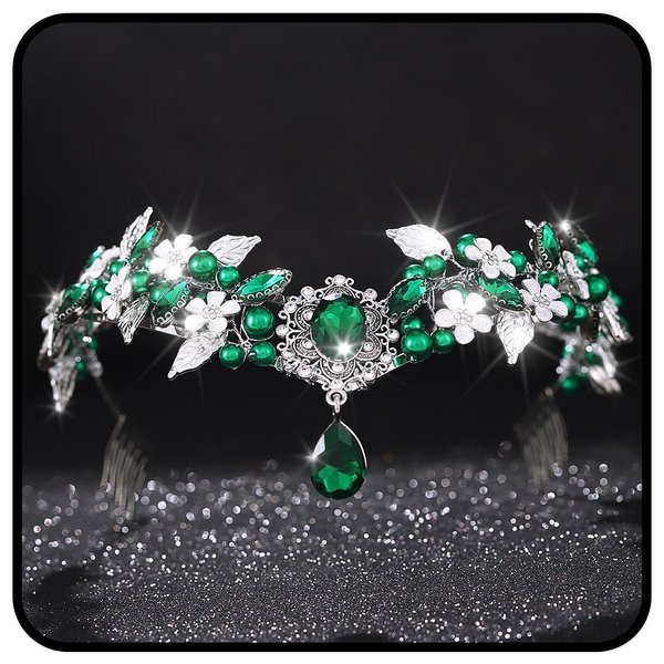 YBSHIN Fairy Flower Leaf Crown Headband Silver Rhinestone Pendent Fairy Tiaras Headband Princess Tiara Elf Headpiece Crystal Bridal Headwear for Women Girls