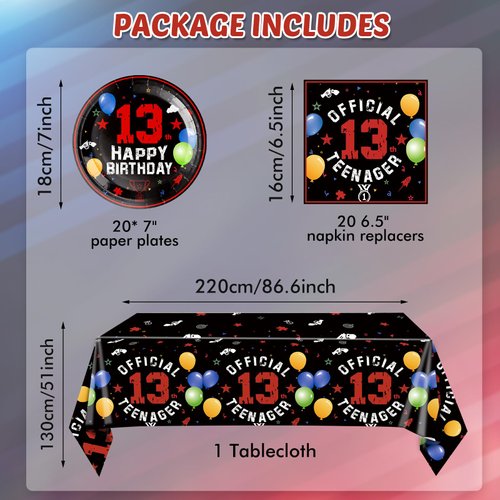 41PCS 13th Birthday Party Supplies Red and Black Official Teenager Party Decorations Plates Napkins Tablecloth Set for 13th Birthday Boys Girls