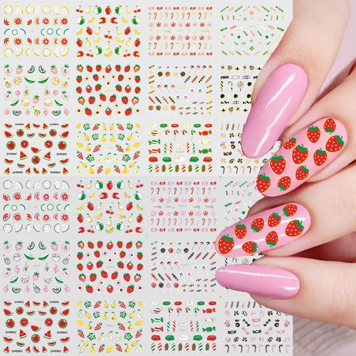 24 Sheets Fruit Nail Art Stickers, Summer Hot Stamping Gold Silver Strawberry Watermelon Lemon 3D Self-Adhesive Nail Art Decals, DIY Manicure Decoration Supplies Accessories for Women Girls