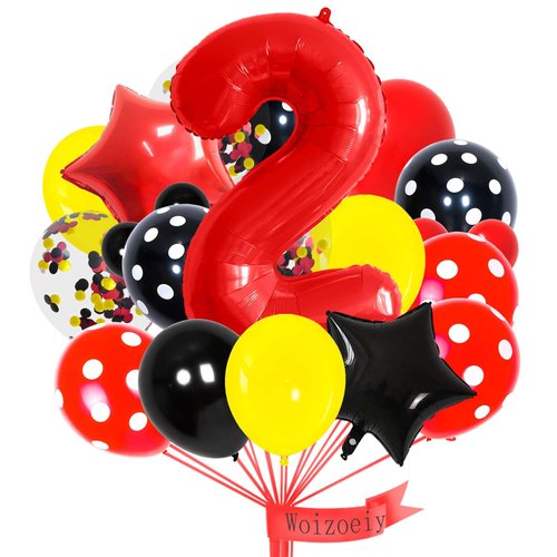 40 Inch 2 Balloon Number Mouse Colorful Red Black Yellow Balloons Latex Confetti Balloons Polka Dot Balloons for Anniversary Halloween Baby Shower Mouse Birthday Party Decorations (2)