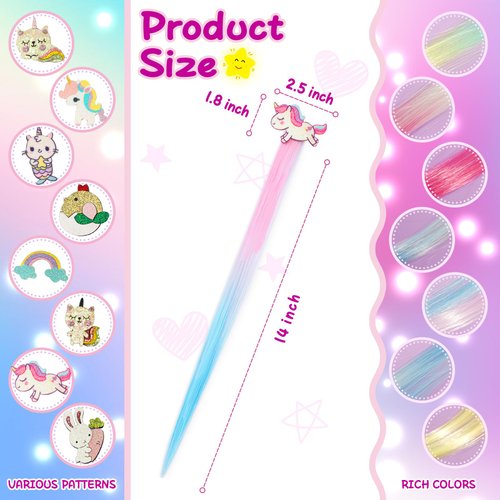8 Pieces Hair Clips for Girls, Animal Straight Rainbow Hair Extensions for Kids, Little Girl Hair Clips Accessories for Girls Toddler Kids Ponytails