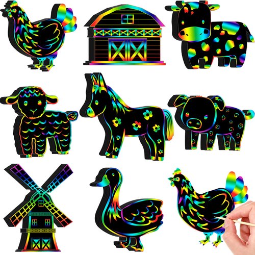 RoundFunny 80 Pcs Farm Animal Scratch Cards Farmhouse Crafts for Kids Colorful Scratch Paper Scratch Off Paper for DIY Art Kit with 80 Pcs Stick and Ribbon for Party Ornaments Favors