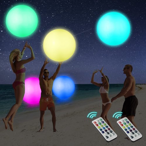 Icnice LED Beach Balls Glow in Dark Party Supplies, 2pcs Inflatable Light up Ballon 16'' Floating Pool Light with Remote 16 Color 4 Mode Beach Game Pool Toy Kickball for Neon Party Decoration-4 Lights