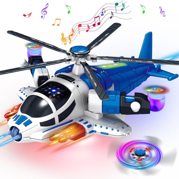 Helicopter Toy for Toddlers 1-3 With Lights And Sounds, 360°Freedom And Operated Automatic Bump Autism Sensory Light Up Toys Airplane for Toddler Boy Toys 2 3 4 5 Year Old Up Boy Girl Birthday (Blue)