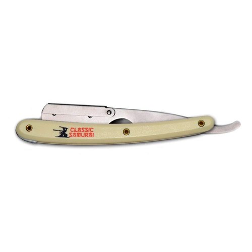 Classic Samurai Stainless Steel Professional Barber Folding Straight Edge Razor Shavette Men's Shaving Kit with 200 Count Lord Single Edge Razor Blades (Cream)