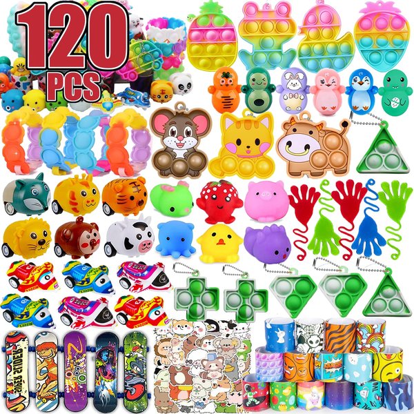 120 PCS Party Favors for Kids, Pop Fidget Treasure Box Toys, Classroom Prizes, Pinata Filler Goodie Bag Stuffers, Treasure Chest, Carnival Prize Box Toys for Boys Girls