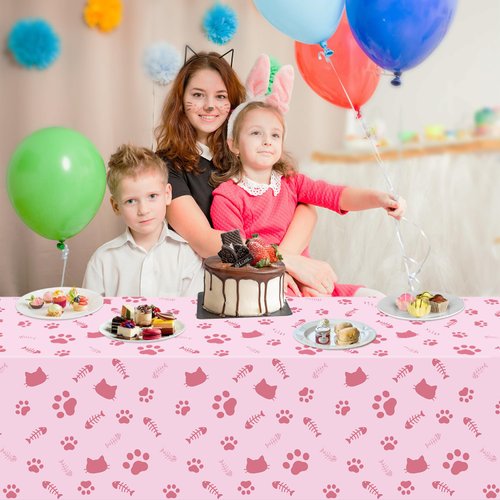 4 Pack Cat Tablecloth Paw Print Tablecloth Cat Themed Table Cover Cute Cats Plastic Tablecover Bone Sign Table Cloth Cat Party Supplies Cat Birthday Decorations Kitty Theme Birthday Decor 86 x 51 Inch