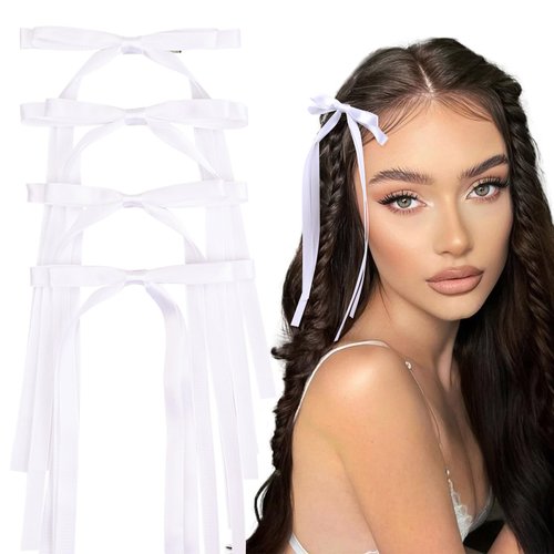 VOBOBE 4PCS Hair Bows for Women Girls, White Tassel Ribbon Bowknot Hair Clips Barrettes for Girl with Long Tail, Solid Satin Hair Accessories (White)