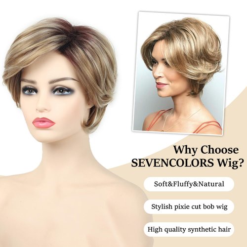 SEVENCOLORS Short Blonde Wigs for White Women Layered Wavy Pixie Cut Wig with Bangs Synthetic Hair Blond Highlights Short Wigs Natural Looking