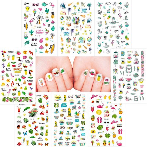 Hawaii Summer Nail Art Stickers Set 250+ Designs for Women Girls Kids, VIWIEU Tropical 3D Fake Nail Decals Self-Adhesive Flamingo Cactus Beach Fruits Palm Tree for Holiday Gift DIY Manicure 8 Pack