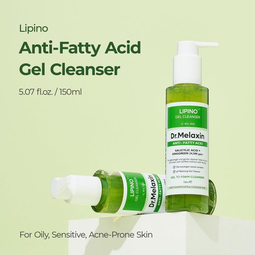 Dr.Melaxin Lipino Anti-Fatty Acid Gel Cleanser for Deep Pore Cleansing, Daily Mild Blackhead Care, pH Balancing 5.07fl.oz