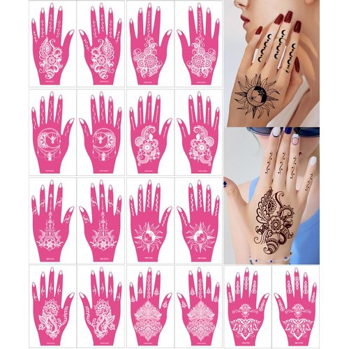 PPVWEY 18 Sheets Henna Tattoo Stencils Kit, Hand Temporary Tattoo Template Sun Moon Flower Indian Arabian Body Art Stickers for Women and Girls (Pink)