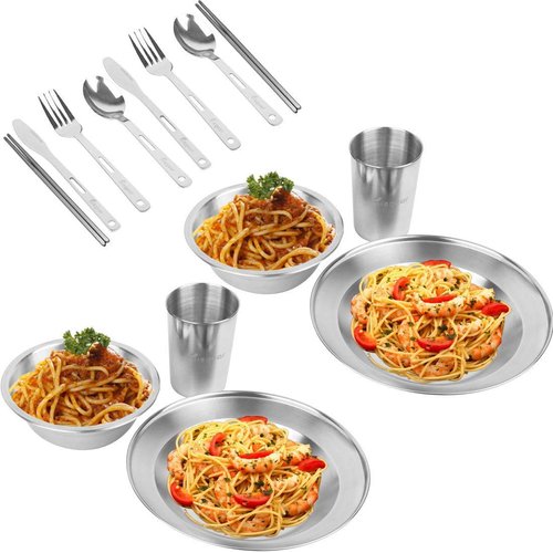 Bisgear Stainless Steel Tableware Mess Kit Includes Plate Bowl Cup Spoon Fork Knife Chopsticks Carabiner Wine Opener Dishcloth & Mesh Travel Bag for Camping Backpacking & Hiking for 2 Person