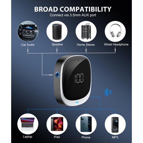 COMSOON AUX Bluetooth Adapter for Car, [LED Screen] Bluetooth 5.3 Receiver for Speaker/Home Stereo/Wired Headphones, 3.5mm Wireless Audio Receiver for Hands-Free Call/Music, Dual Connection