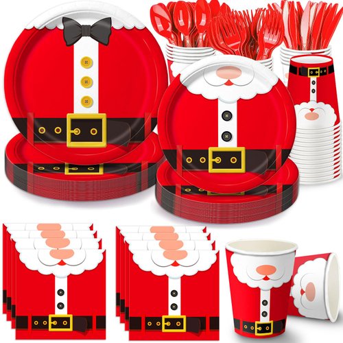 Christmas Party Supplies Santa Claus Party Supplies Party Tableware Set Included Christmas Paper Plates, Cups, Napkins, Cutlery for Xmas Party, Serves 24 Guests