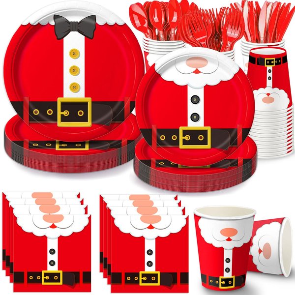 Christmas Party Supplies Santa Claus Party Supplies Party Tableware Set Included Christmas Paper Plates, Cups, Napkins, Cutlery for Xmas Party, Serves 24 Guests
