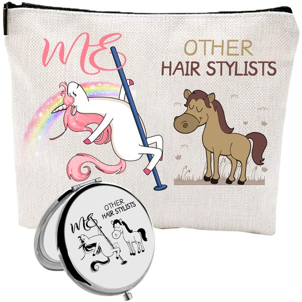 HnoonZ Hair Stylist Gifts for Women,Christmas Gifts for Hair Stylist Female,Hair Stylist Zipper Makeup Bag Cosmetic Pouch,Hair Stylist Travel Toiletry Pouch,Hair Stylist Mini Compact Mirror
