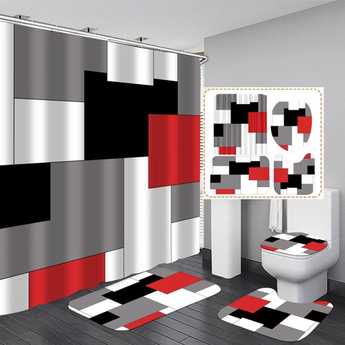 Yizheer Geometric Red Shower Curtain Sets with Non-Slip Rugs,Toilet Lid Cover and Bath Mat, Black and Gray Bathroom Decor Set Accessories Waterproof Shower Curtains