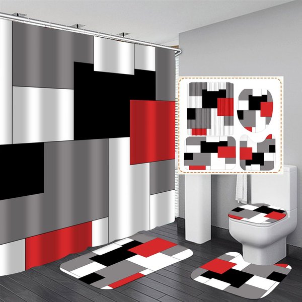 Yizheer Geometric Red Shower Curtain Sets with Non-Slip Rugs,Toilet Lid Cover and Bath Mat, Black and Gray Bathroom Decor Set Accessories Waterproof Shower Curtains