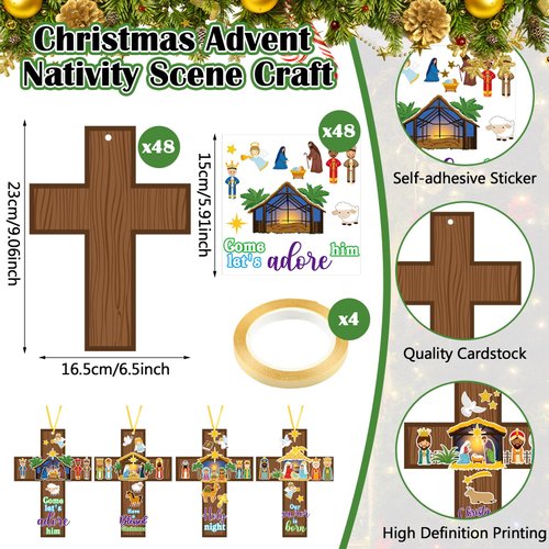 Watersay 48 Set Religious Cross Craft Kit Christian DIY Paper Crafts Make Your Own Hanging Ornament Crafts for Sunday School VBS Church Classroom Art Project Home Activities(Christmas,Brown)