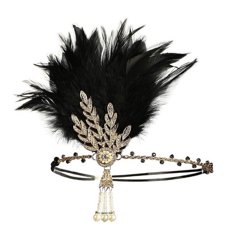 Foyte 1920&#39;s Flapper Headband Pearl Peacock Black Feather Head Bands Jewelry Leaf Rhinestone Head...