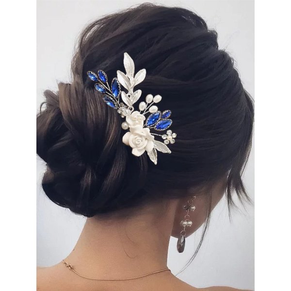 Yean Wedding Hair Comb Flower Silver Bridal Hair Accessories Blue Crystal Leaf Hair Piece for Women and Girls
