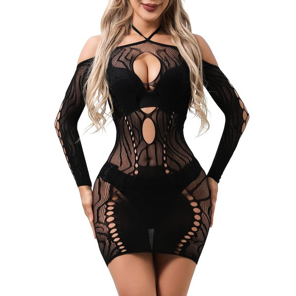 Buitifo Women Dresses Sexy Halter Bodycon Midi Dress Mesh Nightdress Lingerie (Black,One Size)