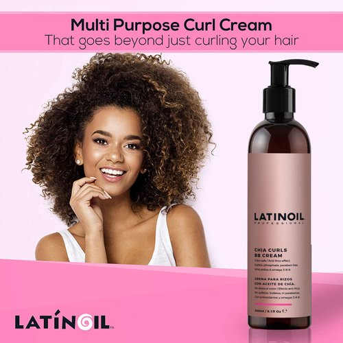 LATINOIL Curl Defining BB Cream - Chia Seeds Oil Leave-In Conditioner for Curly Hair | Anti Frizz Hydrating Moisturizing Treatment & Styling | Bouncy Curls Enhancing Creme | Perm Hair Care - 8.1 Oz