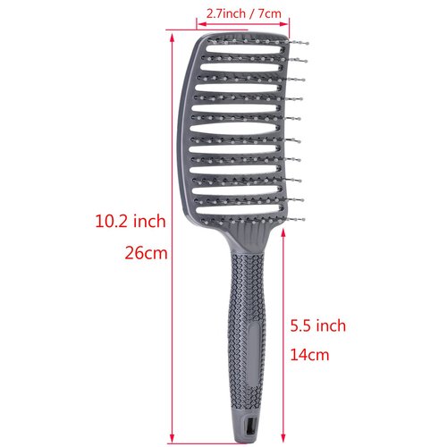 Curved Vent Brush, Barber Blow Drying Brush with Nylon Detangling Pins, Anti-Static - Grey