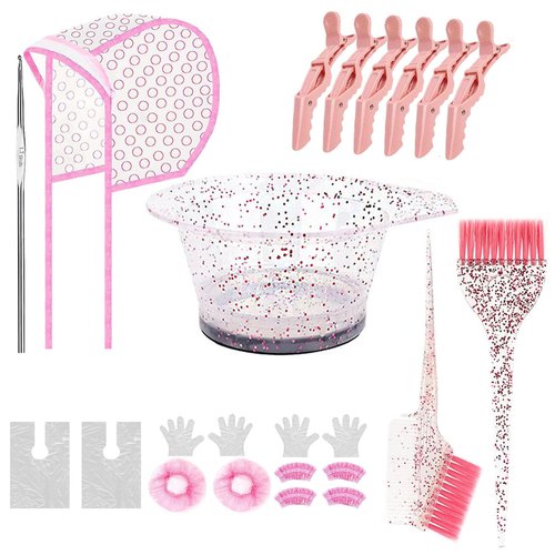 19PCS Hair Dye Coloring Kit, Pink Professional Salon Hair Coloring Dyeing Kit, Hair Coloring Highlight Cap Brush and Bowl Set, Professional Hair Coloring Kit for Salon Hair Dye & DIY (19, Pink)