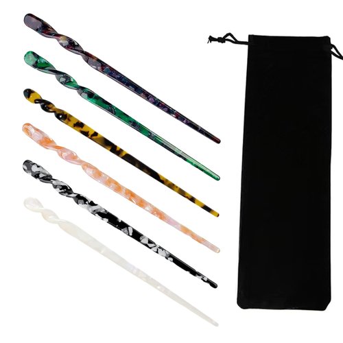 Pezlun Acetate Hair Sticks 6pcs Tortoise Shell Hairpin Set Vintage hair accessories, marble, leopard and other patterns are packed with velvet bags. (I -shaped buns 6pcs)