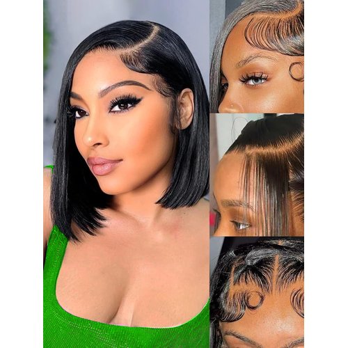Bob Wig Human Hair 13x4 HD Frontal Lace Wig Short Straight Bob Wigs for Women Glueless Bob Lace Front Wigs Human Hair Pre Plucked 150% Density Natural Black Color 10 inch (13x4 bob wig, 12 inch)