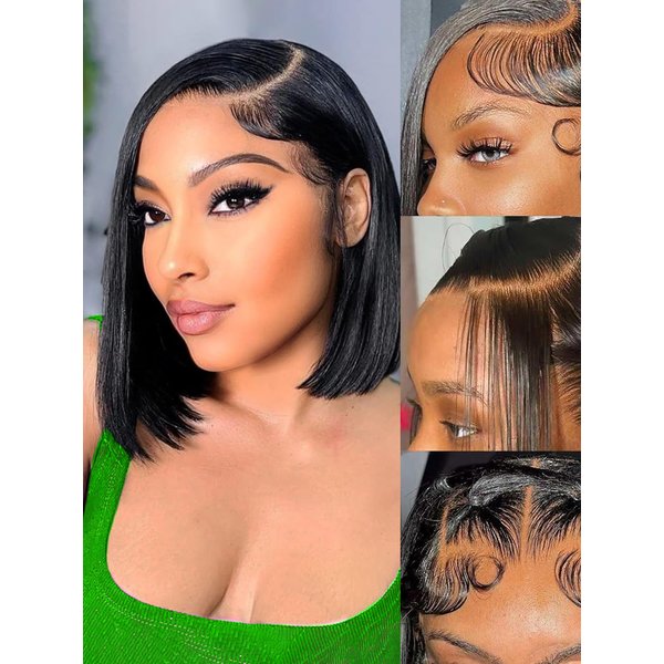 Bob Wig Human Hair 13x4 HD Frontal Lace Wig Short Straight Bob Wigs for Women Glueless Bob Lace Front Wigs Human Hair Pre Plucked 150% Density Natural Black Color 10 inch (13x4 bob wig, 12 inch)