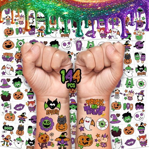 Halloween Temporary Tattoos Bulk Real Glitter Temporary Halloween Tattoos for Kids, Individual Non Candy Treats Class Party Giveaways for Kids Bulk, Goodies Fillers Class Gifts Prizes