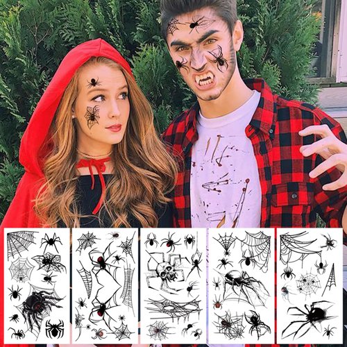 XZENTIRA, 178 PCS Halloween Spider Web Face Temporary Tattoos Makeup Kit, Half Arm Tattoo Sleeve for Women Men Adults Kids, Fake Face Tattoos Sticker for Halloween Makeup Decoration Party Favors