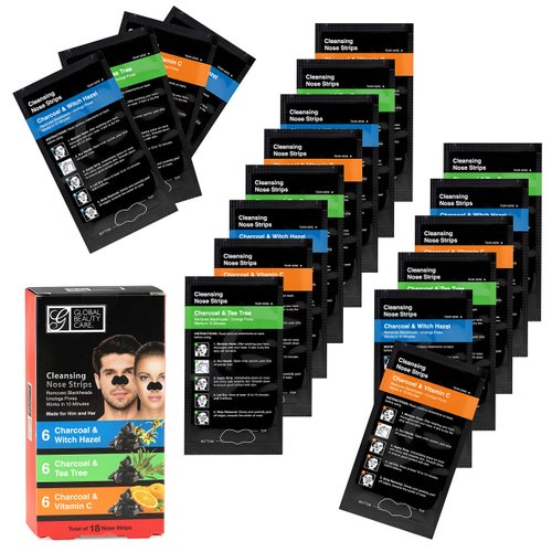 Global Beauty Care 18 Nose Cleansing Strips VARIETY PACK Charcoal with Tea Tree, Witch Hazel, & Vitamin C For Blackheads Removal Strips - 18 Ct