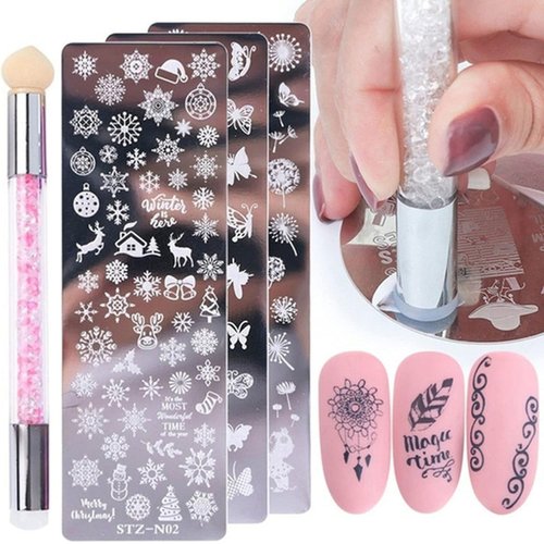 YSSZAM 2 Pcs Nail Stamping Plate Set Silicone Sponge Brush Flower Polish Transfer Stencils Geometry Template Double-Sided Head Stamper Drawing Nail Art Accessories Pen DIY Nail Art Tool