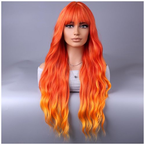 BERON Orange Wigs Women Long Wavy Flame Fire Colored Wig with Bangs 28 Inches Curly Synthetic Wigs for Cosplay Party Wigs Wig Cap Included