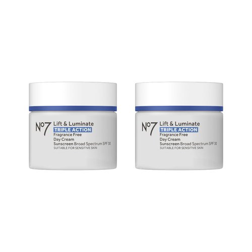 No7 Lift & Luminate Triple Action Fragrance Free Day Cream SPF 30 - Broad Spectrum Anti-Aging Face Cream - Hydrating Hibiscus Peptides & Hyaluronic Acid + Emblica & Vitamin C (2 pack, 50 ml each)