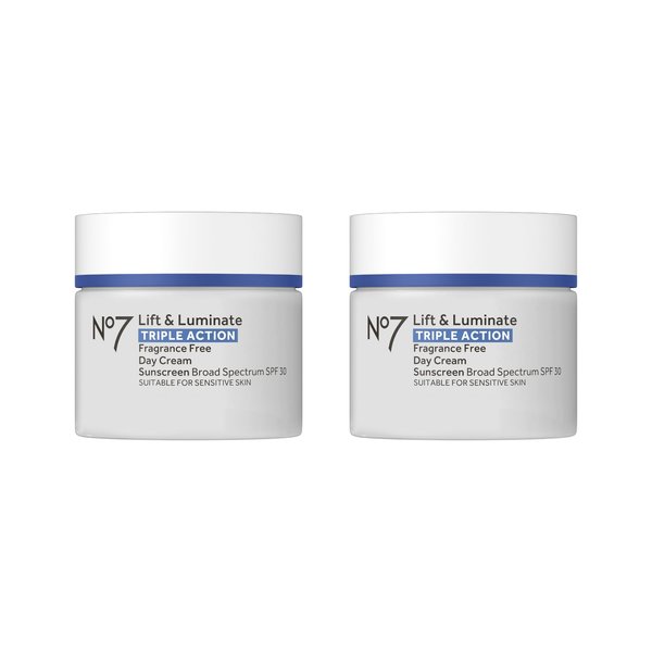No7 Lift & Luminate Triple Action Fragrance Free Day Cream SPF 30 - Broad Spectrum Anti-Aging Face Cream - Hydrating Hibiscus Peptides & Hyaluronic Acid + Emblica & Vitamin C (2 pack, 50 ml each)