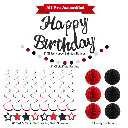 YEOCU Birthday Decorations, NO DIY, Pre-Strung Happy Birthday Banner with Honeycomb Balls, Hanging Swirls, Circle Dots Garland, Happy Birthday Party Decorations for Women Men Boys Girls (Red & Black)