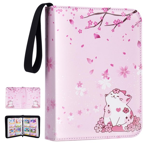 CLOKORIA Card Binder for Girls Gifts,440 Cards Collectible Trading Card Holder Case with 55 Sleeves, 4 Pocket for TCG Game Cards Collection Sports Trading Cards Collector Album (Sakura cat)
