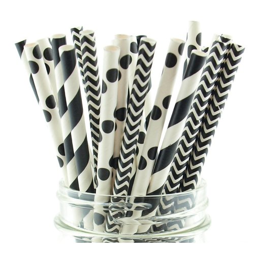 Black Wedding Straws Combo Pack, Bubble Tea Straws, Long Drinking Straws, Retro Graduation Paper Straws (75 Pack) - Black Striped, Polka Dot & Zig Zag Party Straws