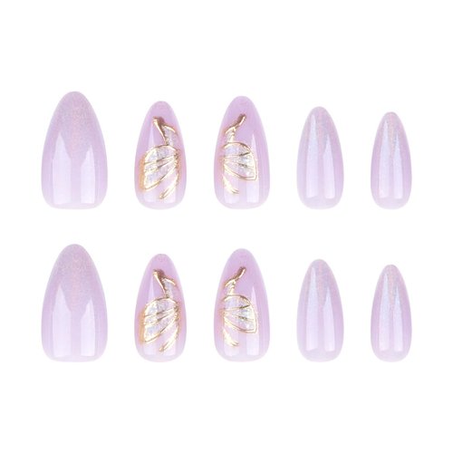 RUOKEXIN Almond Press on Nails Medium Fake Nails Purple False Nails with 3D Gold Butterfly Designs Glitter Full Cover Acrylic Artificial Nails Glossy Glue on Nails Natural Stick on Nails for Women