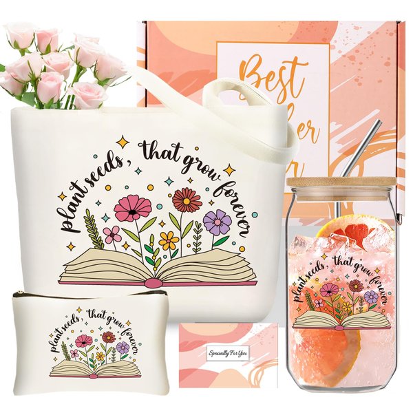 Teacher Appreciation Gifts for Women, Unique Teacher Christmas Gifts, 16oz Glass Cup, Teacher Canvas Tote Bag Basket Box for Teachers Birthday Gifts, Thank You Gifts
