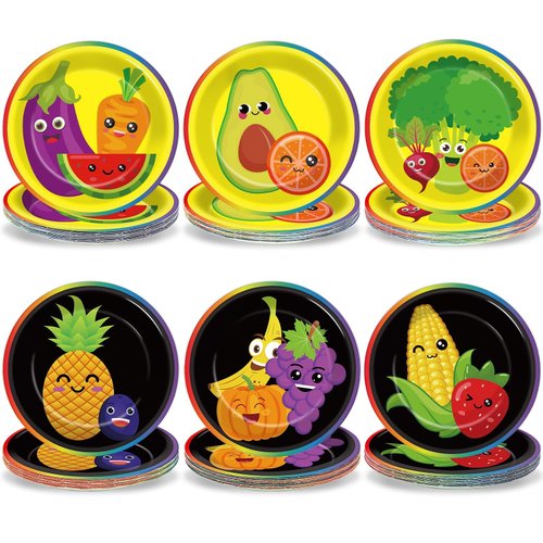 60 Pcs Dancing Fruit Paper Plates for Fruit Party Decoration 7in Sensory Fruit Dessert Plates Disposable Tableware Dinnerware Set for Baby Shower Girls Birthday Dancing Fruit Themed Party Supplies