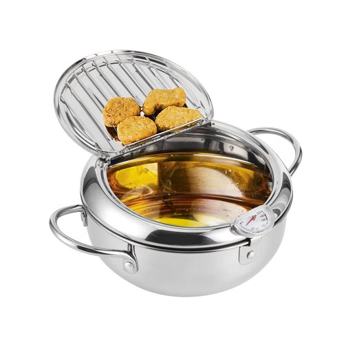 304 Stainless Steel Deep Fry Pot,Tempura Fryer with Thermometer,Lid and Oil Drip Drainer Rack,Japanese Style Uncoated Frying Pan for Kitchen French Fries, Fish,Shrimp and Crispy Meat(20cm/7.9in)