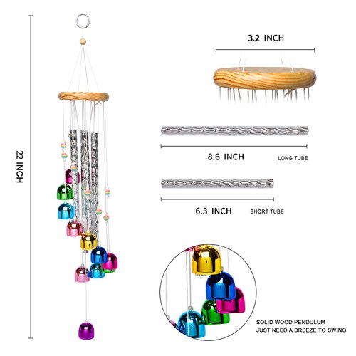 Colorful Wind Chimes for Outside with 4 Aluminum Tubes Comes with 11 Bells for Home Garden Yard Patio Decor